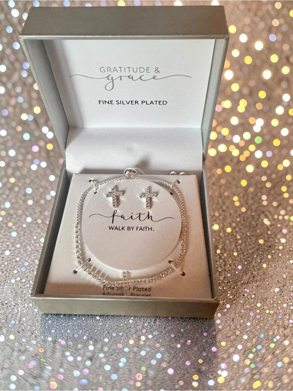 Silver Plated Cross Bracelet and Stud Earrings - Silver
